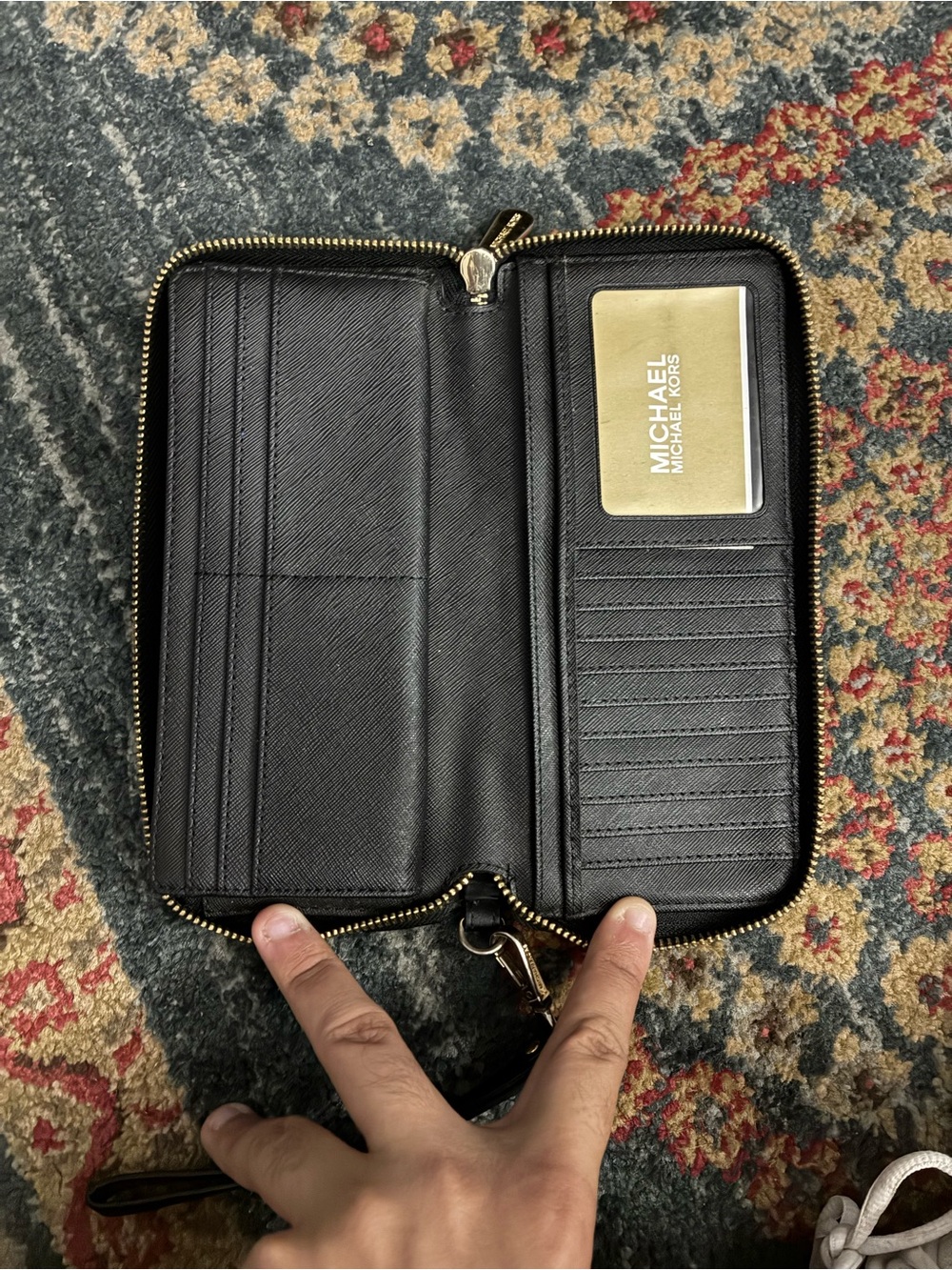 Michael Kors Black MK Logo Zip-Around Wristlet Wallet with Gold Plaque - Picture 4 of 6